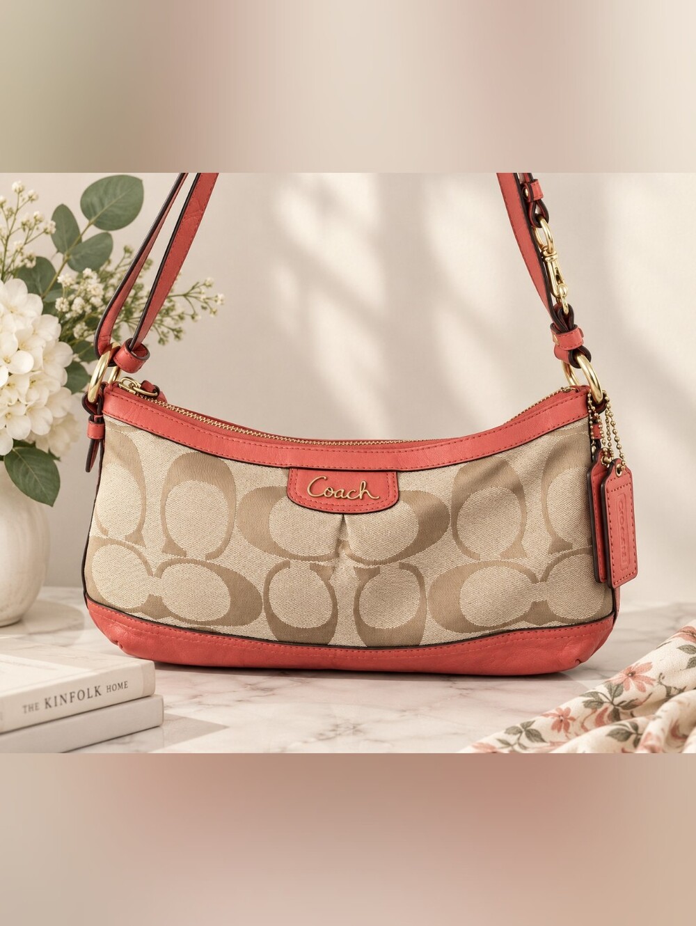 Coach Park Signature East West Jacquard Shoulder Bag in Coral